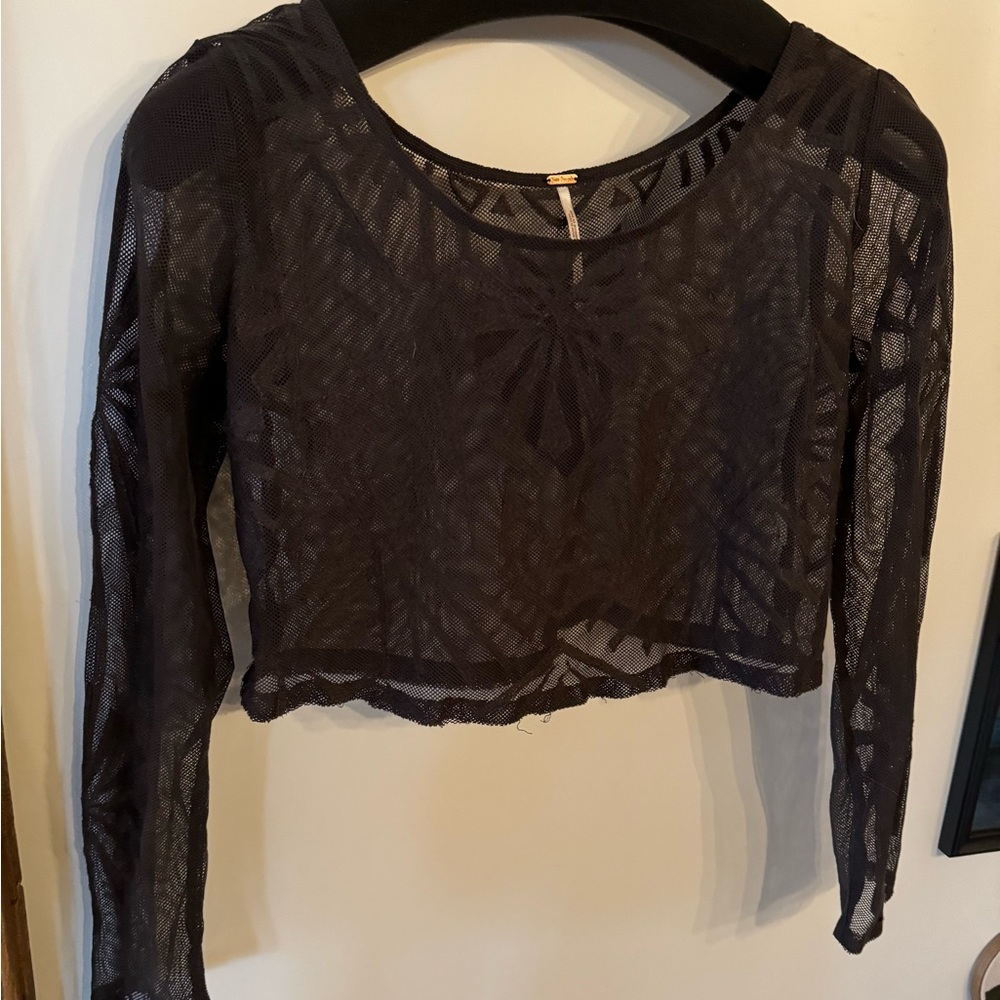 Black mesh long sleeve crop top with geometric embroidery